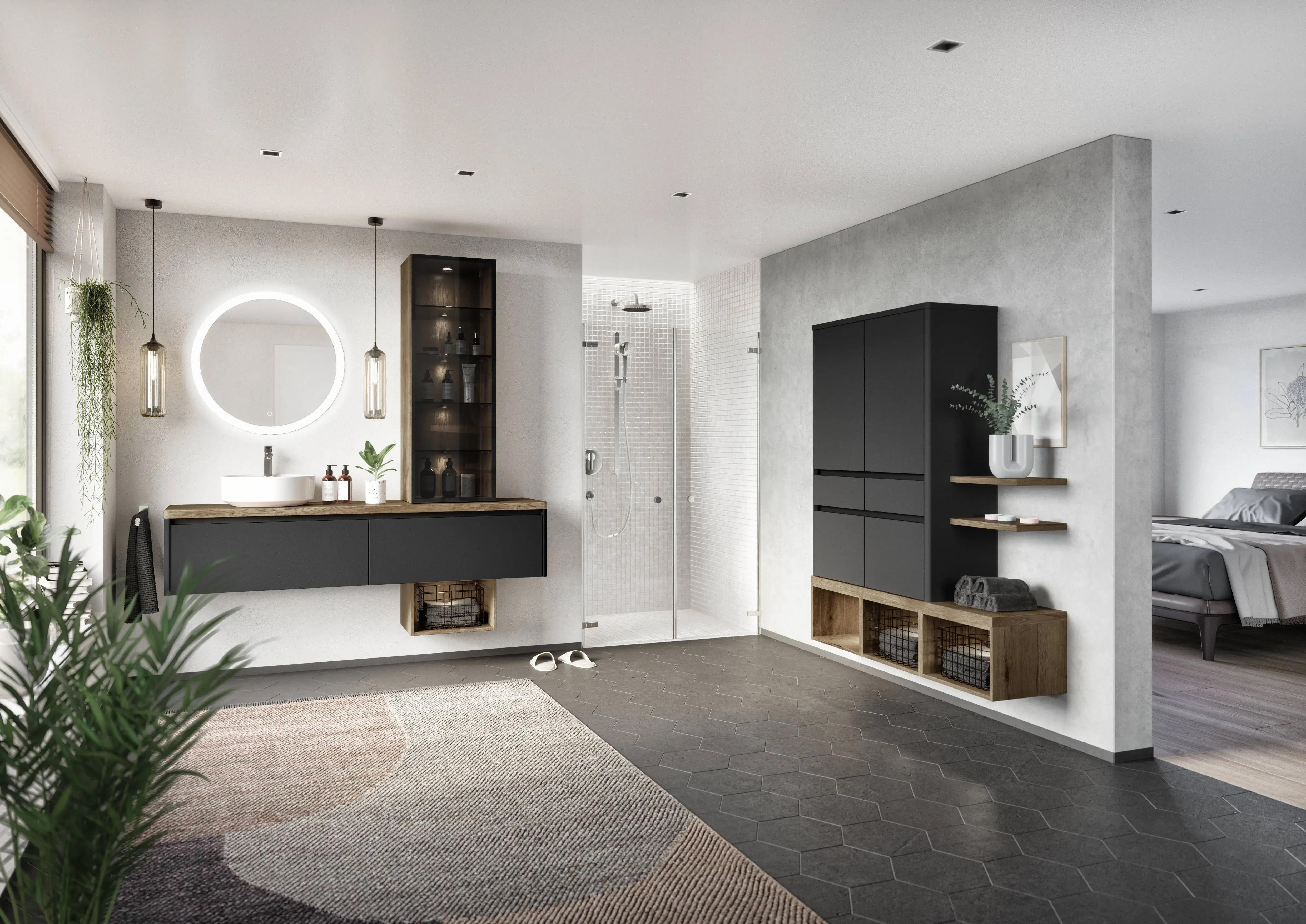 Modernes Badezimmer mit schwarzen Badmöbeln, Waschtisch in Holzoptik