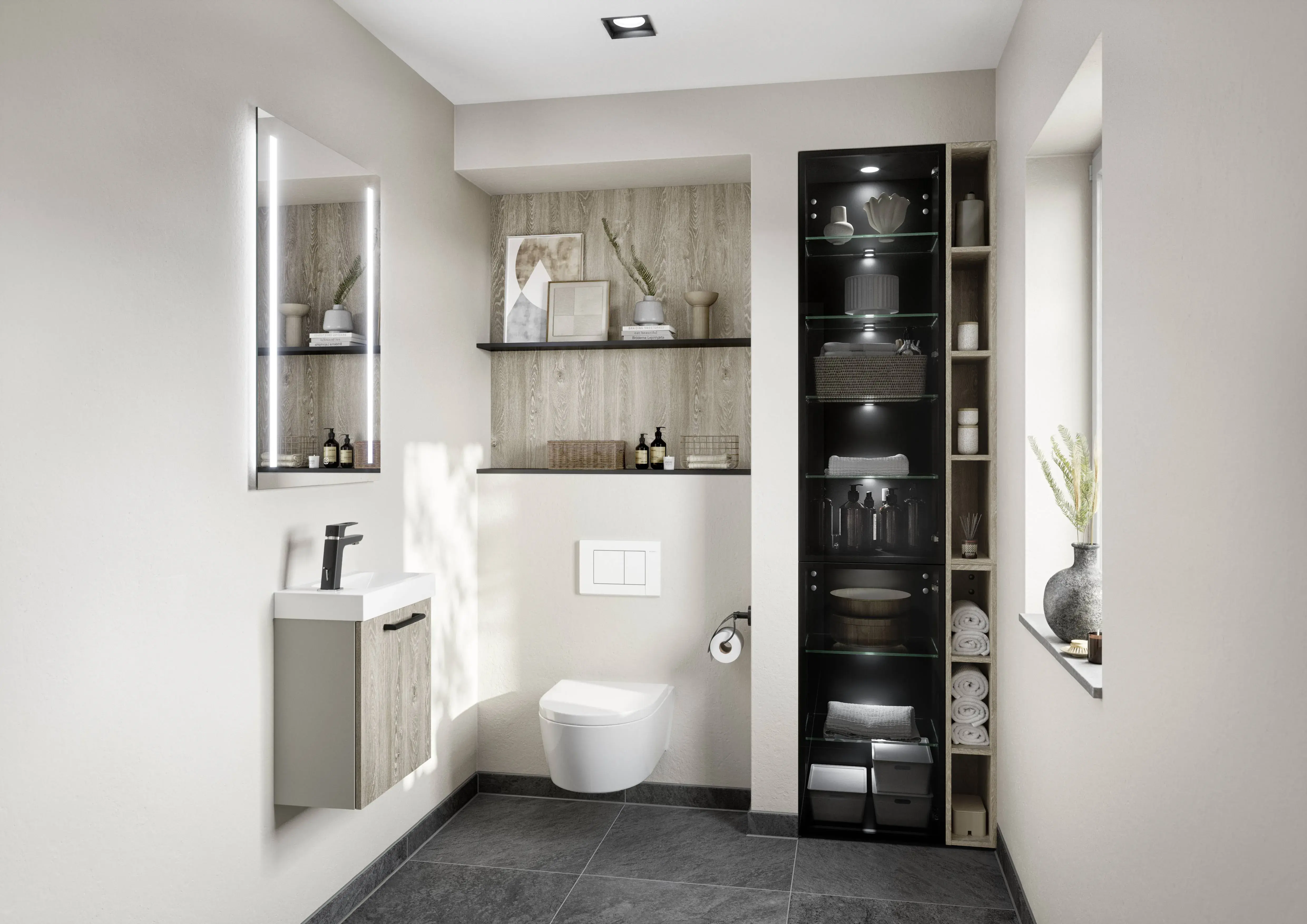Modernes Gäste-WC mit und hohem Badschrank mit Glasfront