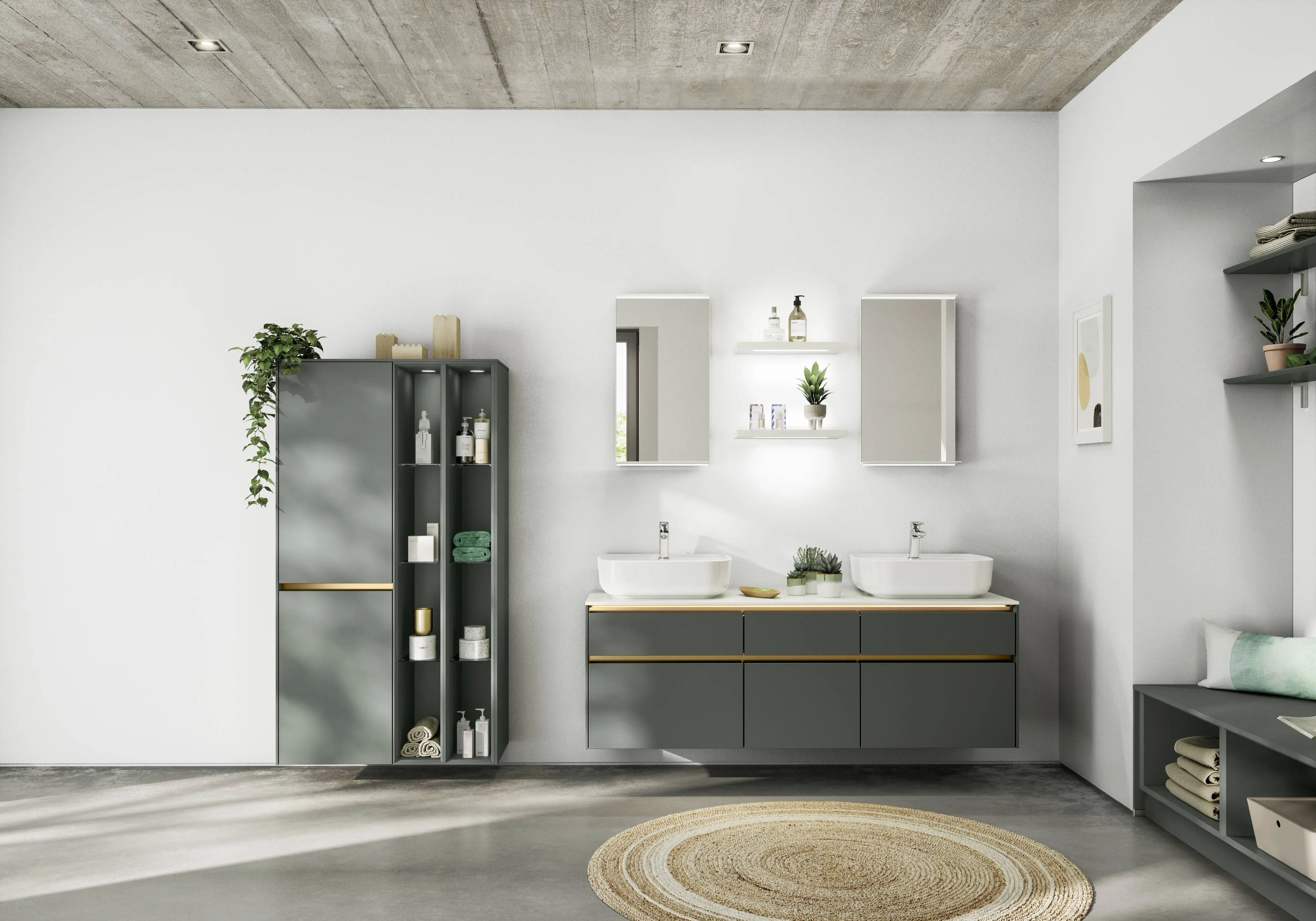 Modernes Badezimmer mit dunkelgrünen Badmöbeln, zwei Aufsatzwaschbecken, beleuchteten Spiegeln und Hochschrank