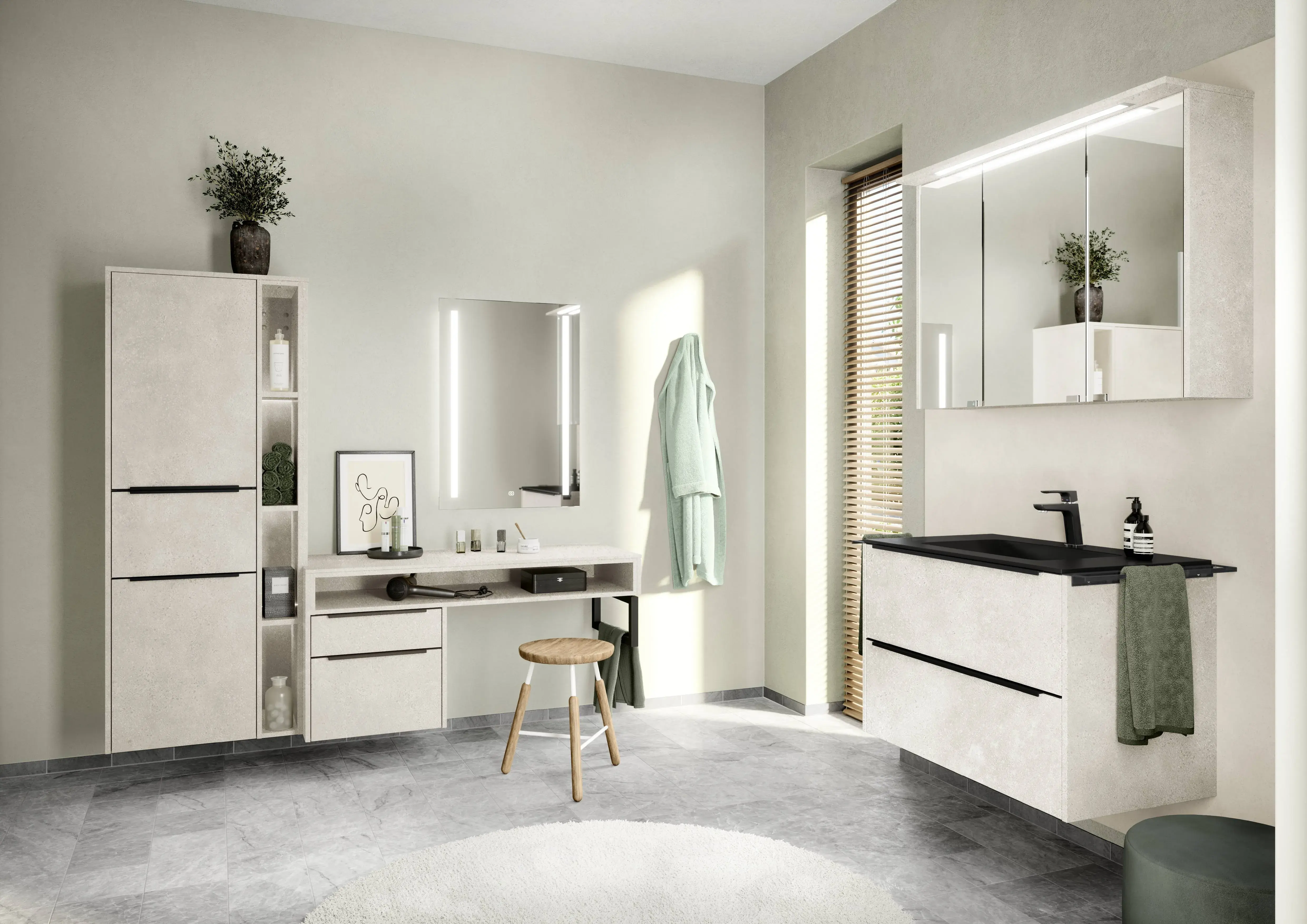 Modernes Badezimmer mit hellen Badmöbeln in Betonoptik, schwarzem Waschbecken, Spiegelschrank und Schminktisch