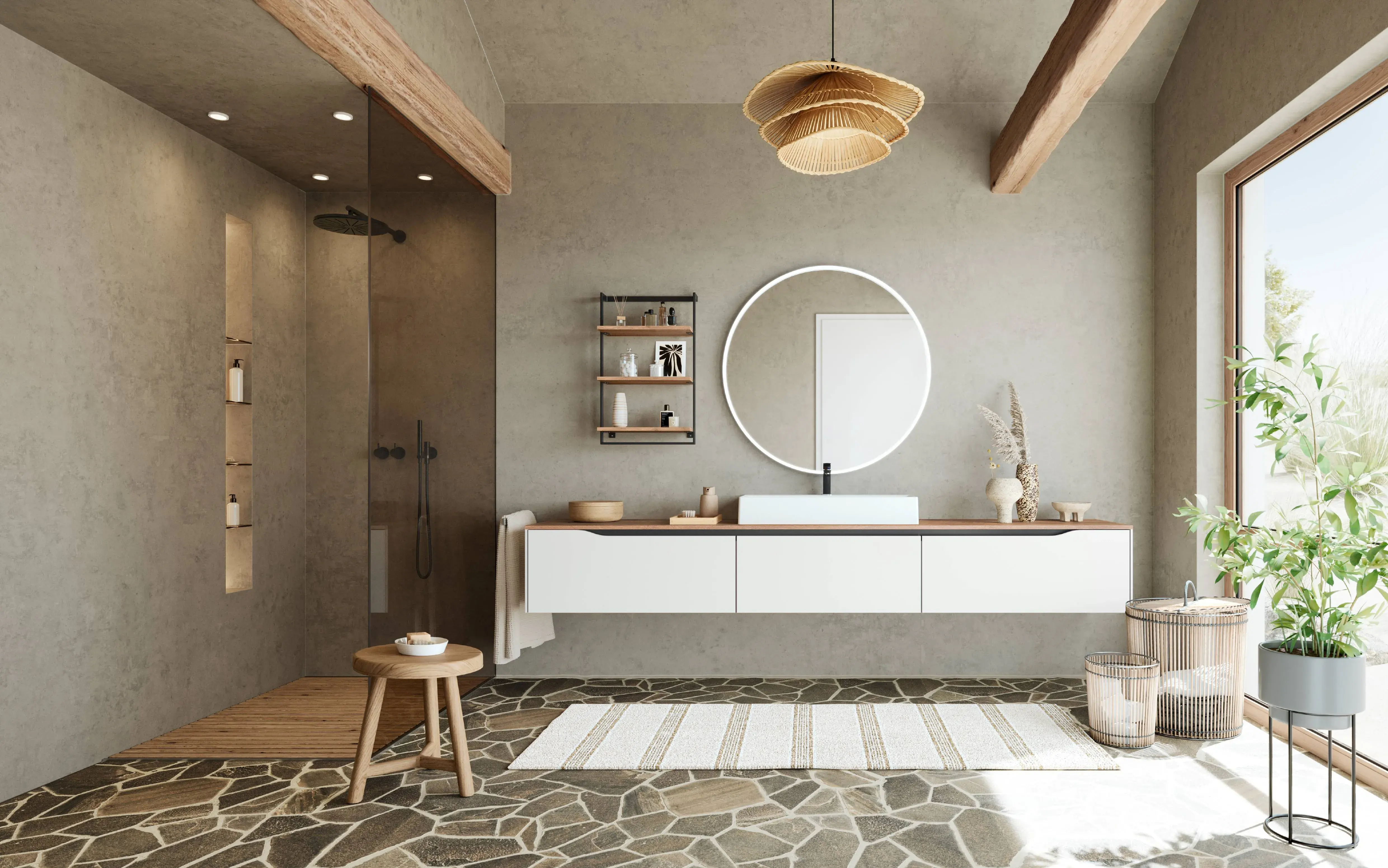 Modernes Badezimmer mit weißem Waschtisch, Natursteinboden und Holzelementen