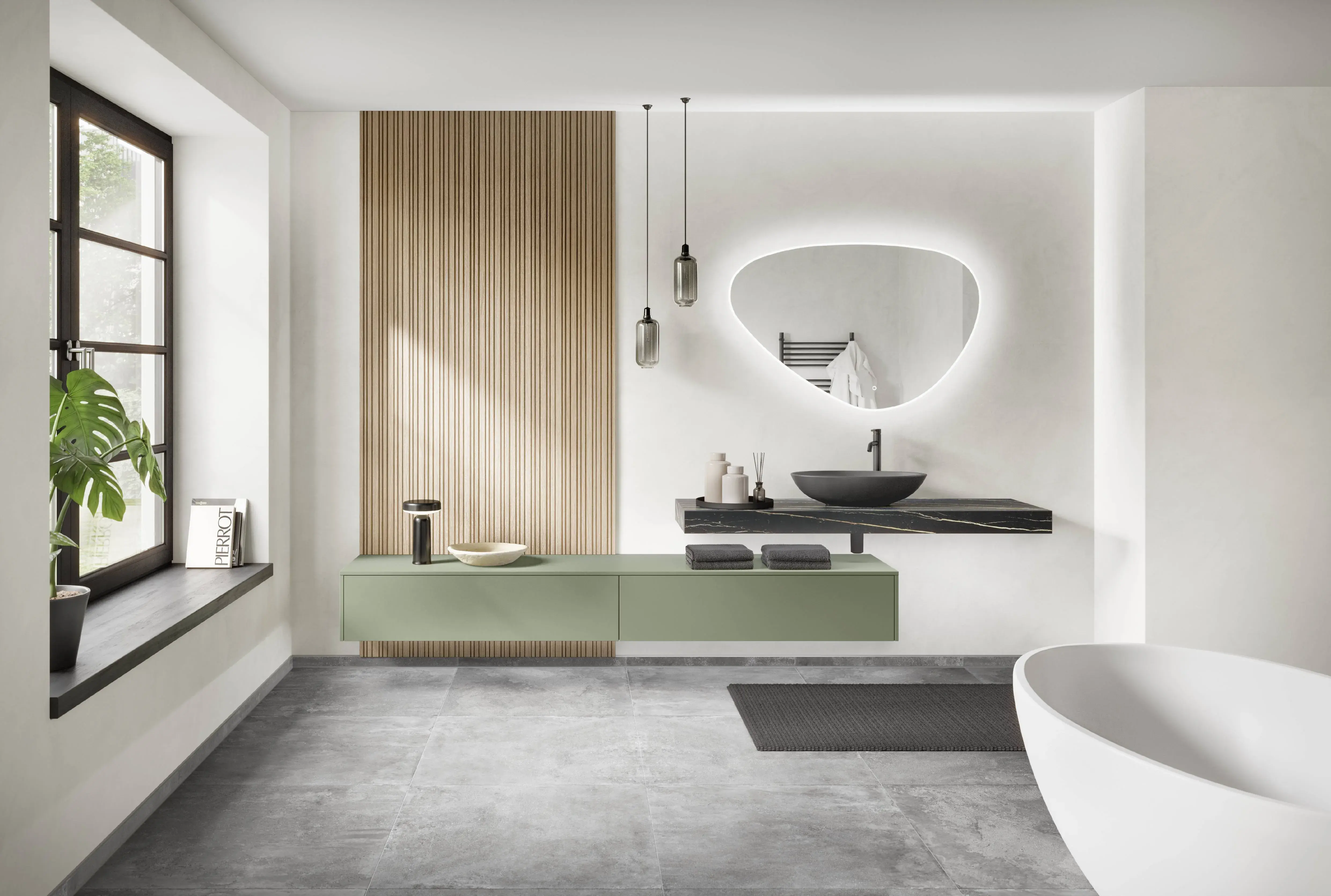 Modernes Badezimmer mit Holzlamellen