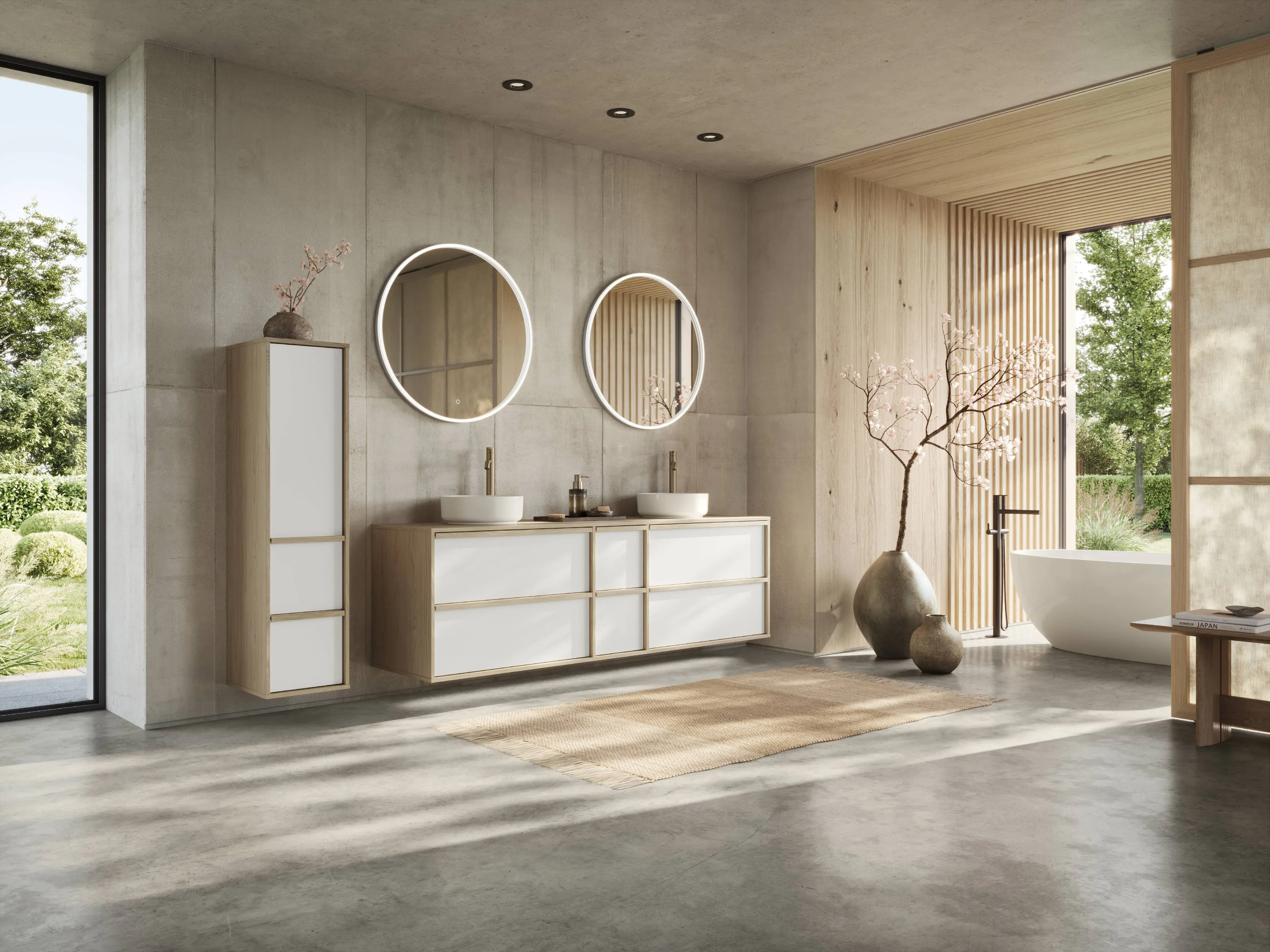 Modernes Badezimmer mit Doppelwaschtisch, weißen Badmöbeln in Holzoptik, beleuchteten Rundspiegeln und freistehender Badewanne