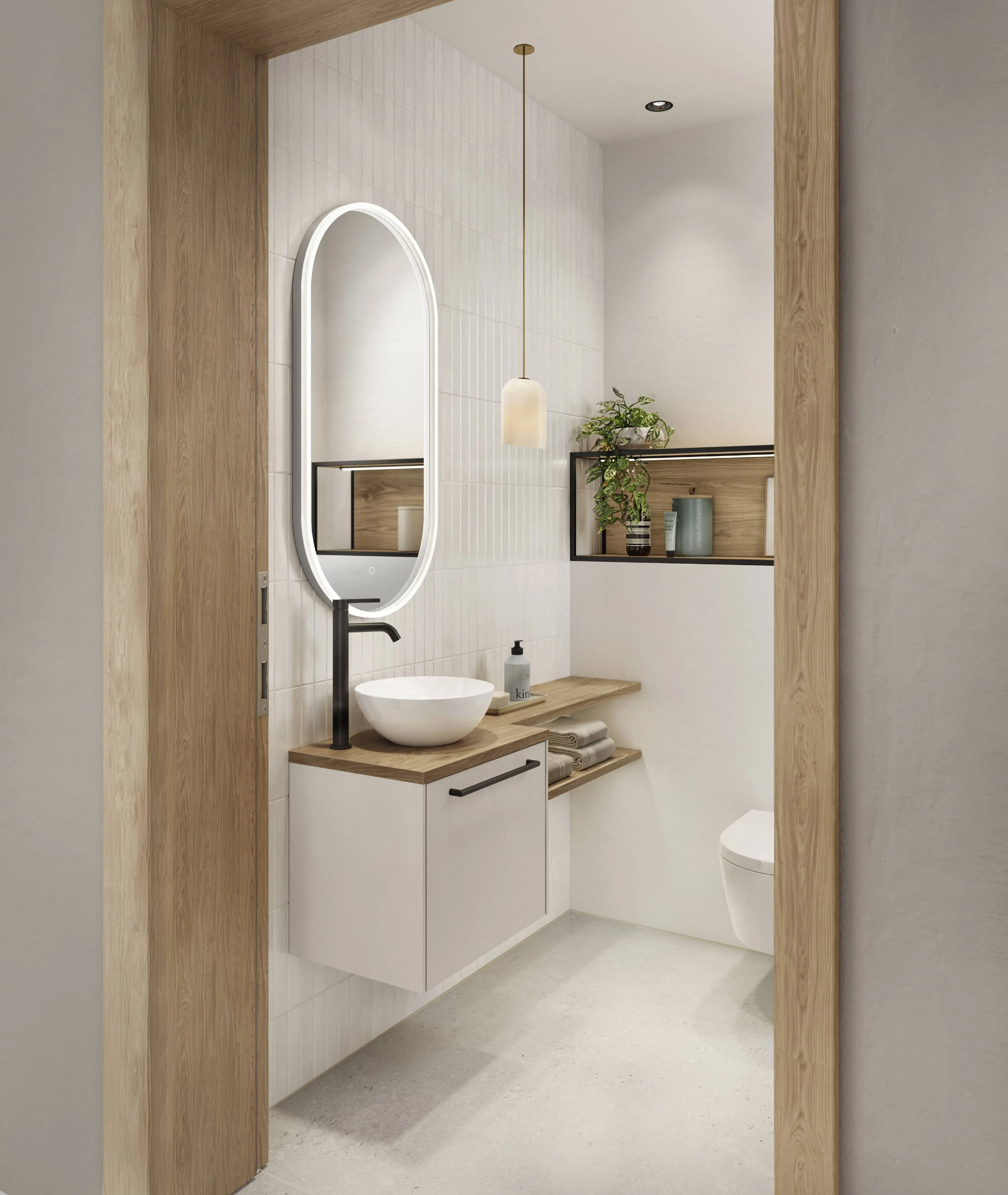 Bildbetitelung (SEO-optimiert): Modernes Gäste-WC mit Badmöbeln in Weiß und Holzoptik  Alt-Tag (SEO-optimiert): Modernes Gäste-WC mit weißem Waschtischunterschrank, Aufsatzwaschbecken, Holzoptik und beleuchtetem Spiegel