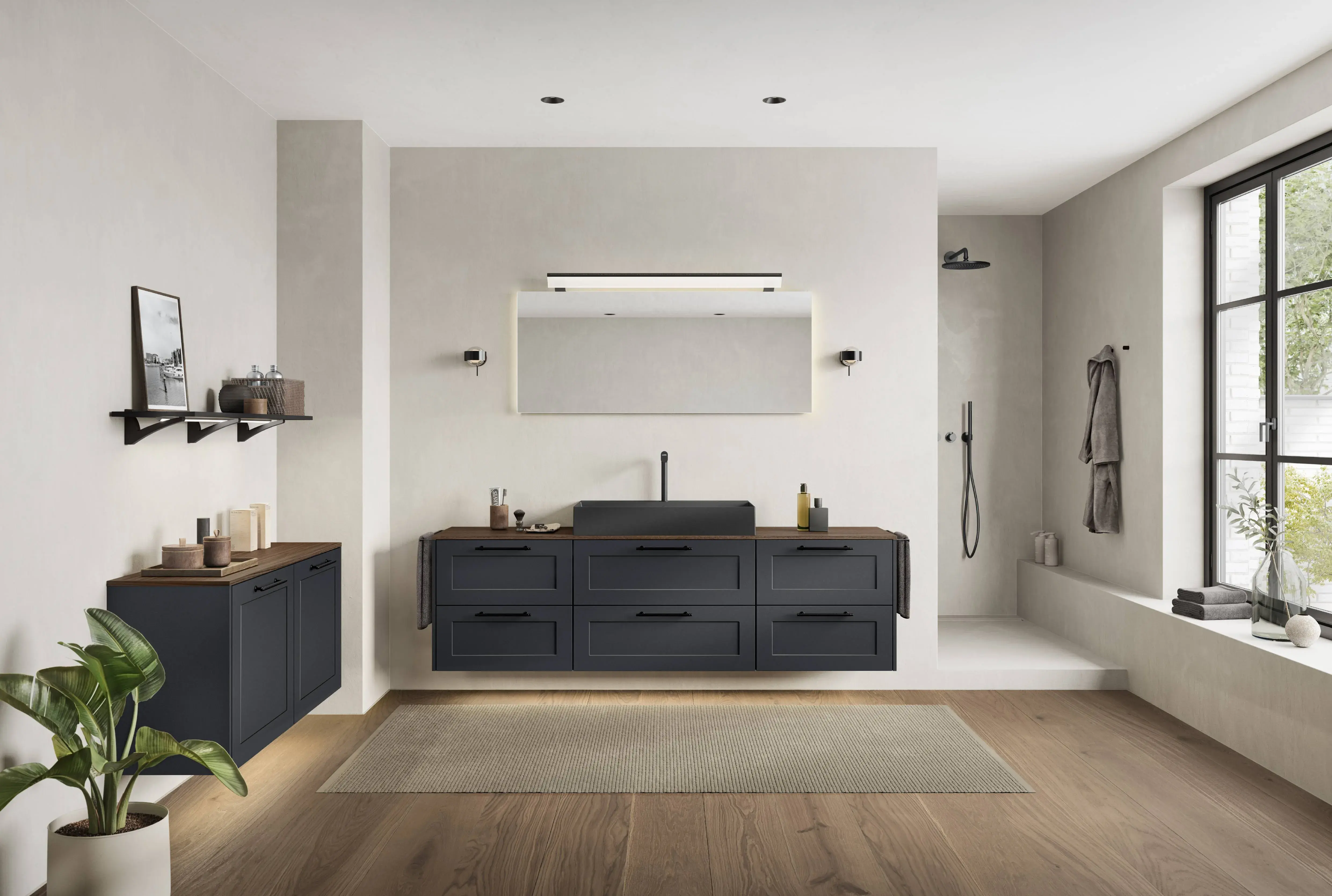 Modernes Badezimmer mit dunklem Doppelwaschtisch und Holzarbeitsplatte