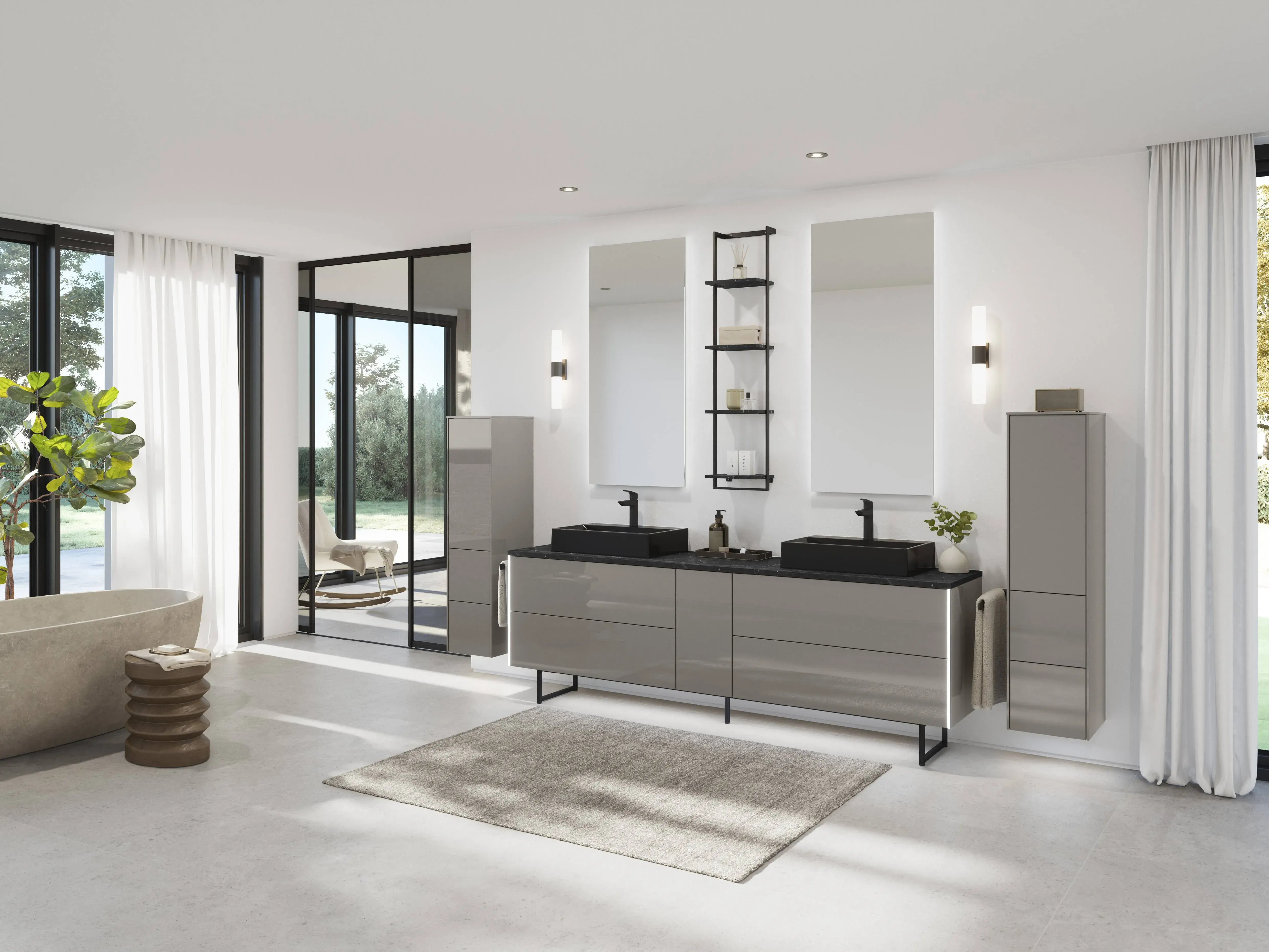 Modernes Badezimmer mit grauem Doppelwaschtisch