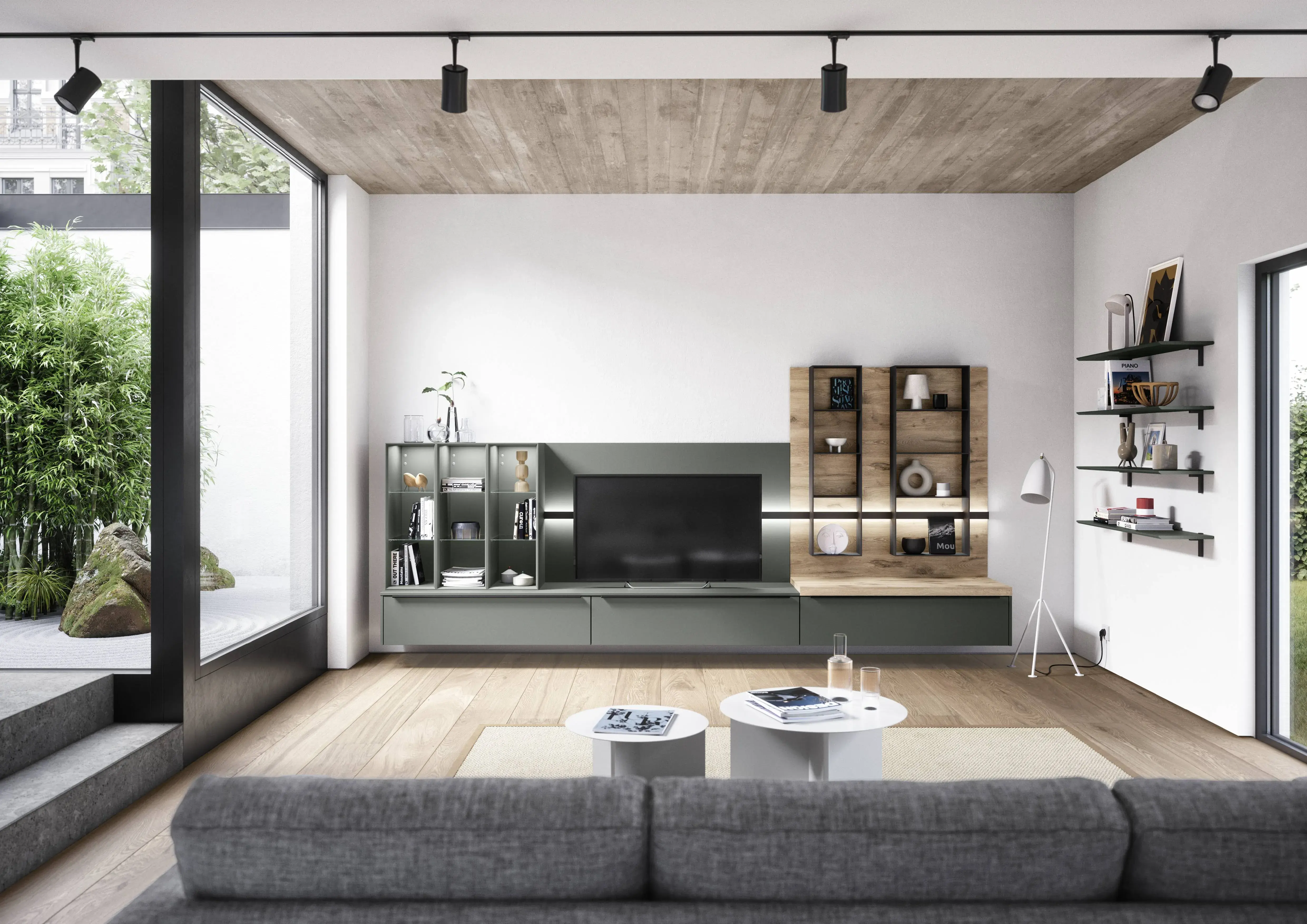 Moderne Wohnwand in Grün und Holzoptik mit TV, beleuchteten Regalen und schwebendem Lowboard im Wohnzimmer