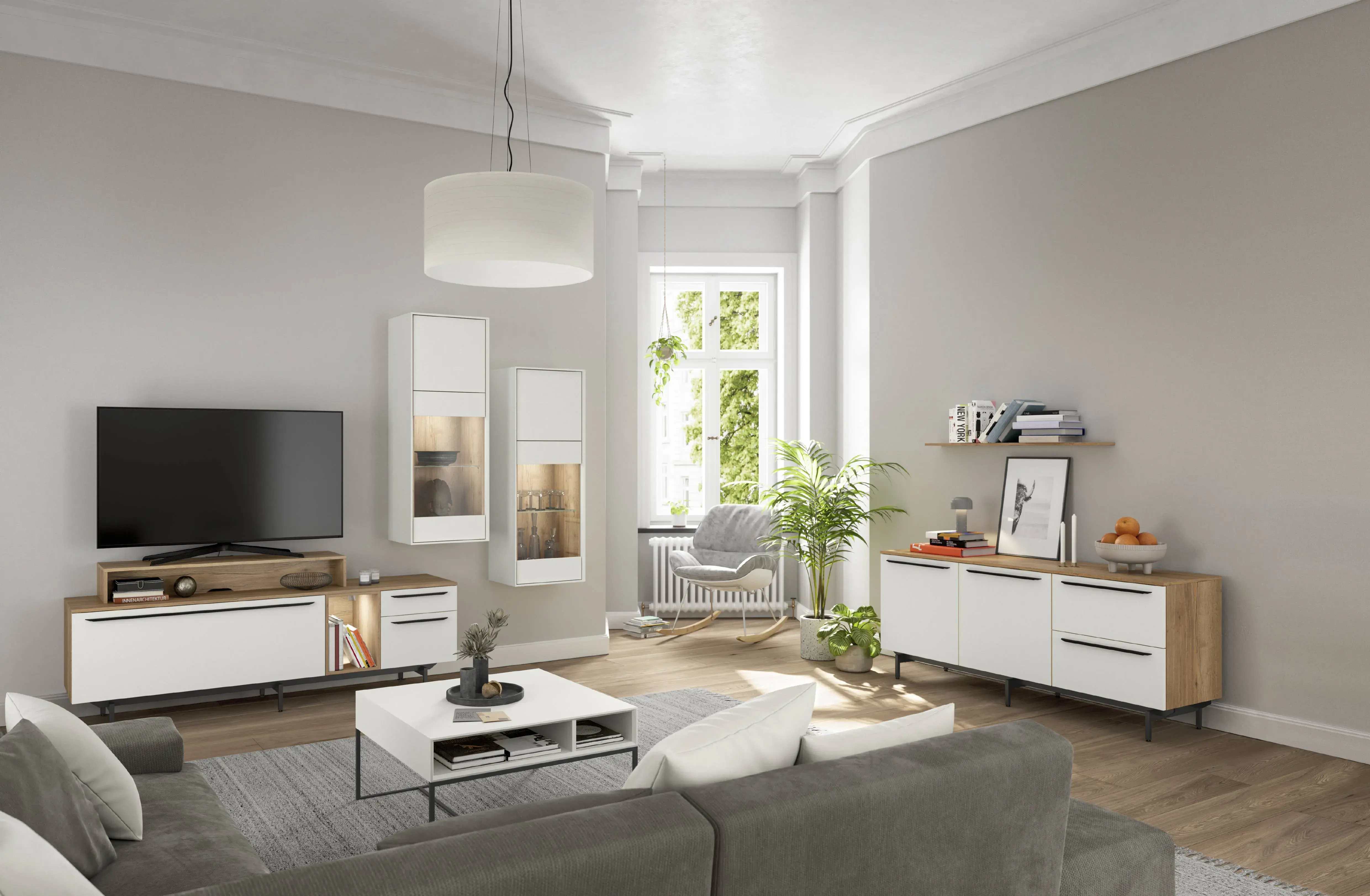 Helles modernes Wohnzimmer mit TV-Wohnwand, weißen Möbeln in Holzoptik, Sideboard, Vitrinen und gemütlicher Sitzecke