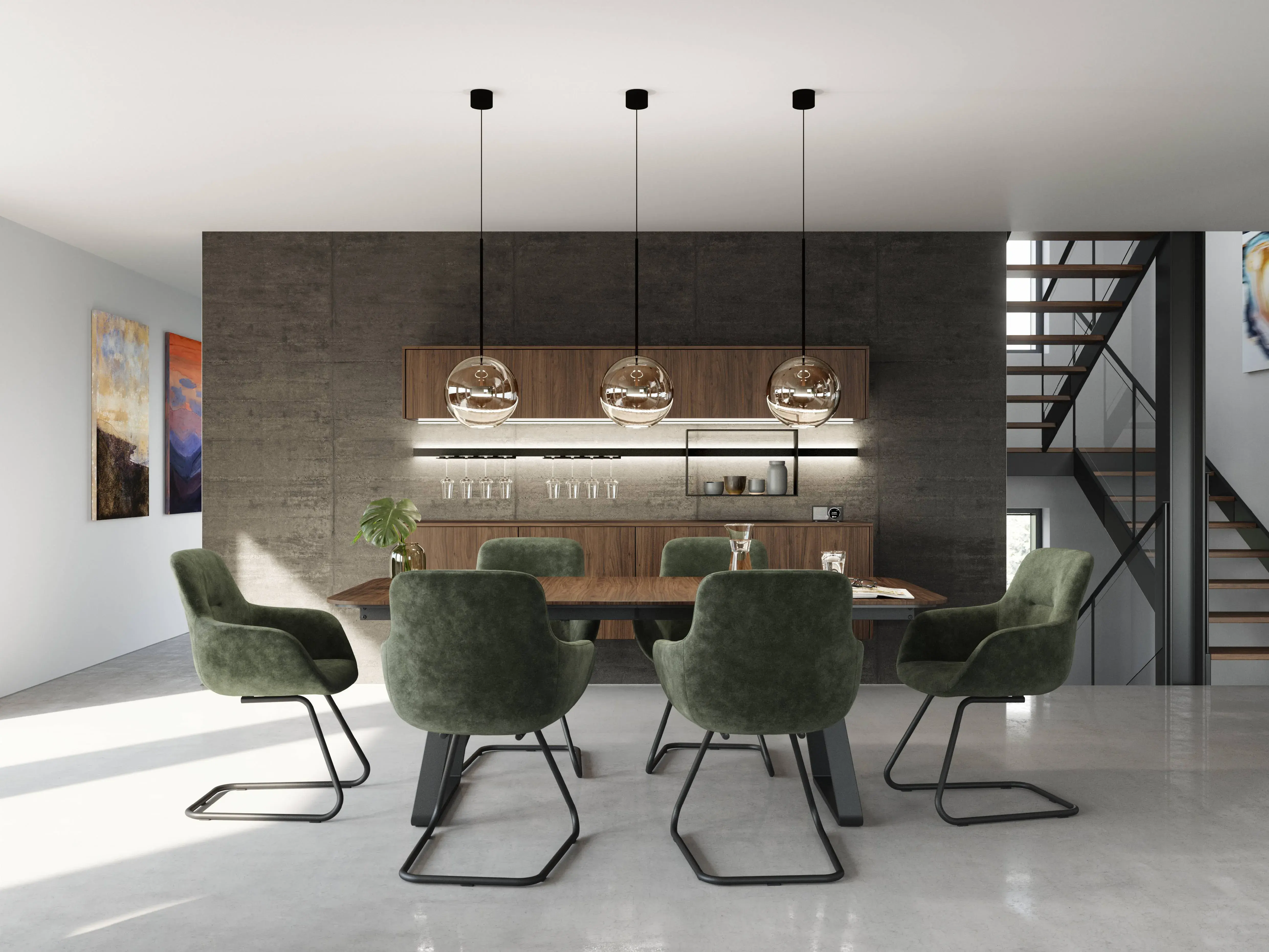 Moderner Essbereich mit Holztisch, grünen Polsterstühlen und beleuchteten Wohnmöbeln in dunkler Holzoptik