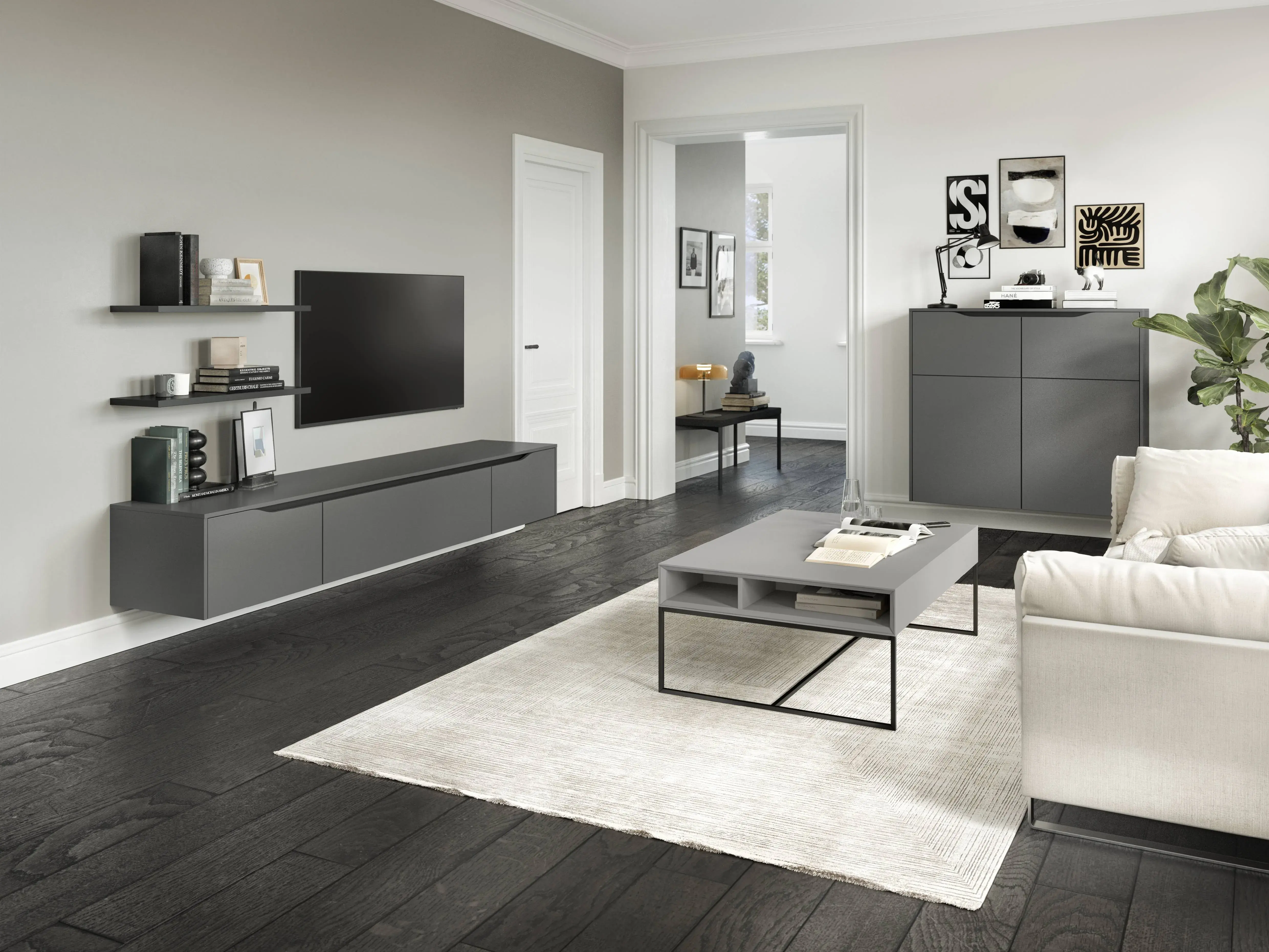 Modernes Wohnzimmer mit schwebendem TV-Lowboard, grauem Highboard, Wandregalen und minimalistischem Möbeldesign