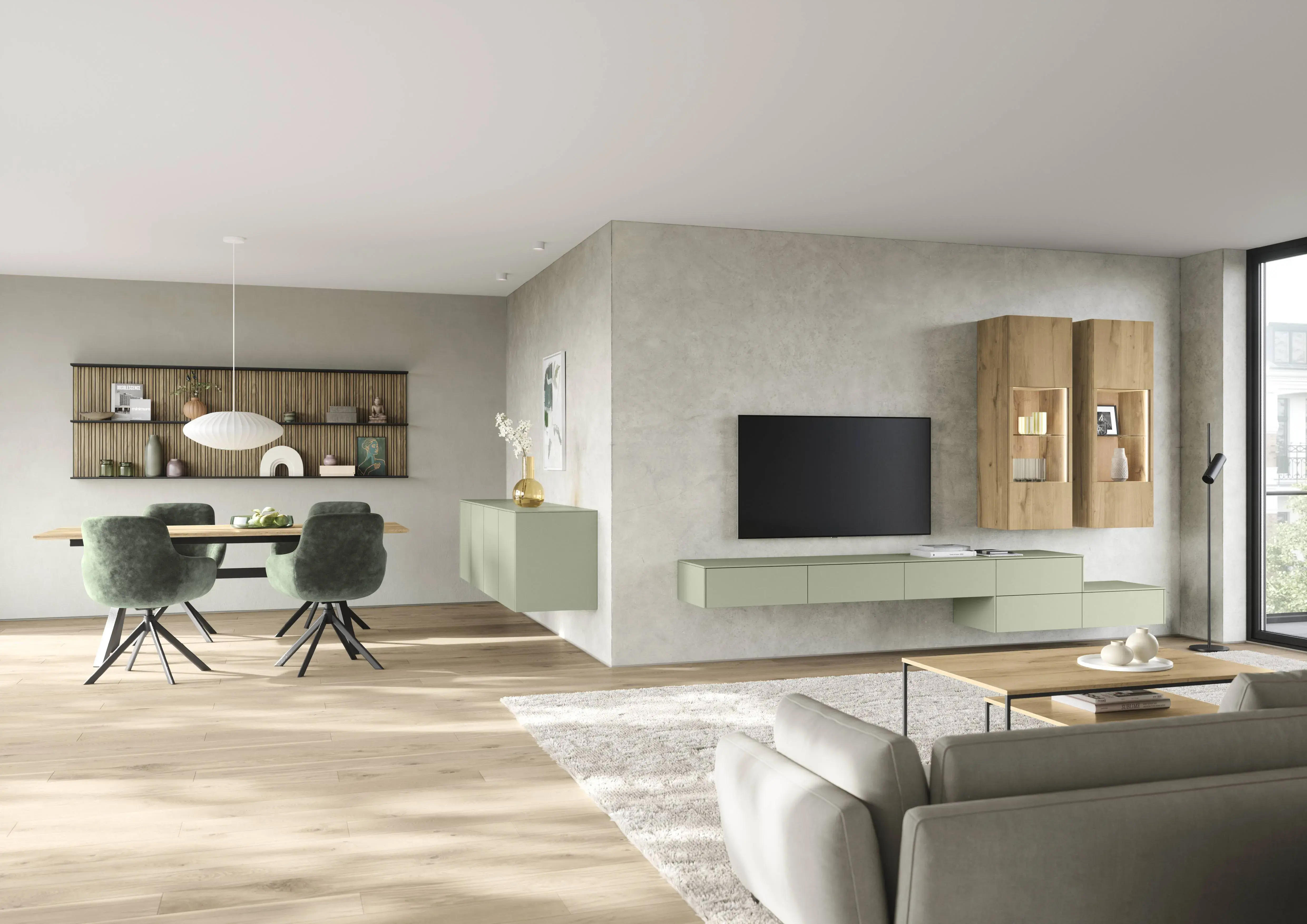 Modernes Wohn- und Esszimmer mit schwebender Wohnwand in Salbeigrün, Holzelementen und grünen Esszimmerstühlen