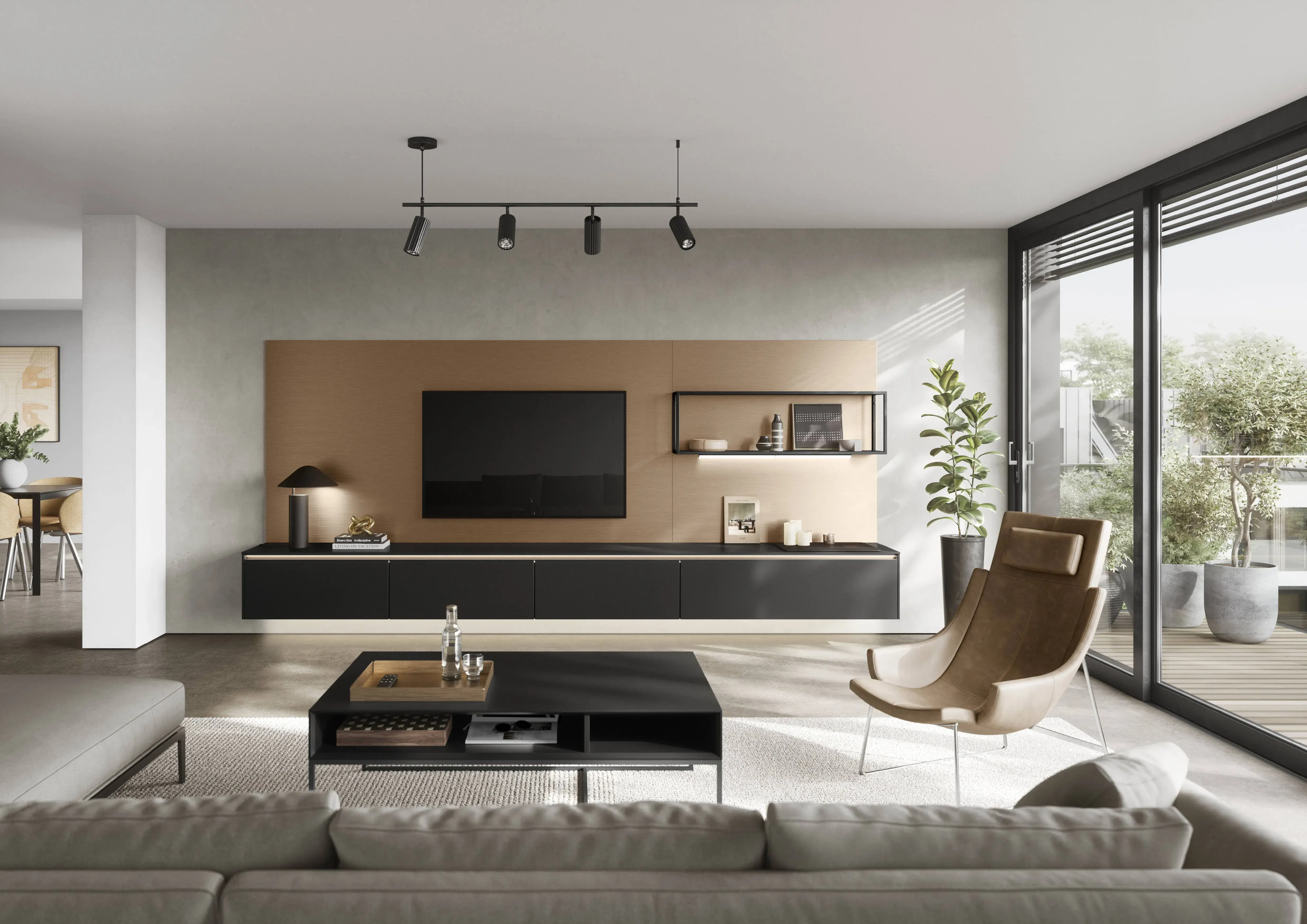 Modernes Wohnzimmer mit TV-Wand in Holzoptik, schwarzem Lowboard, Sessel und großer Fensterfront