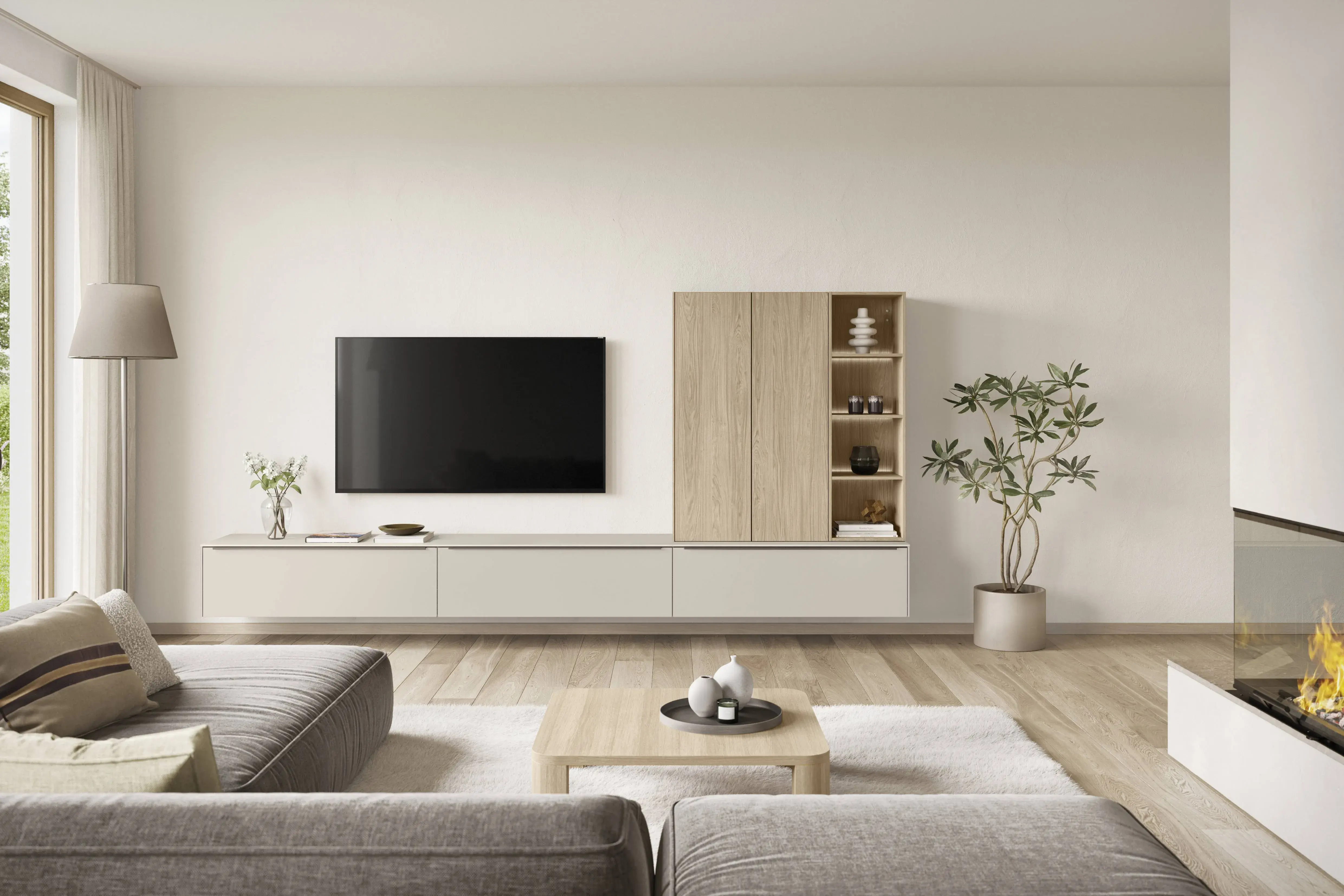 Minimalistische Wohnwand mit schwebendem Lowboard, TV und Hochschrank in heller Holzoptik im modernen Wohnzimmer