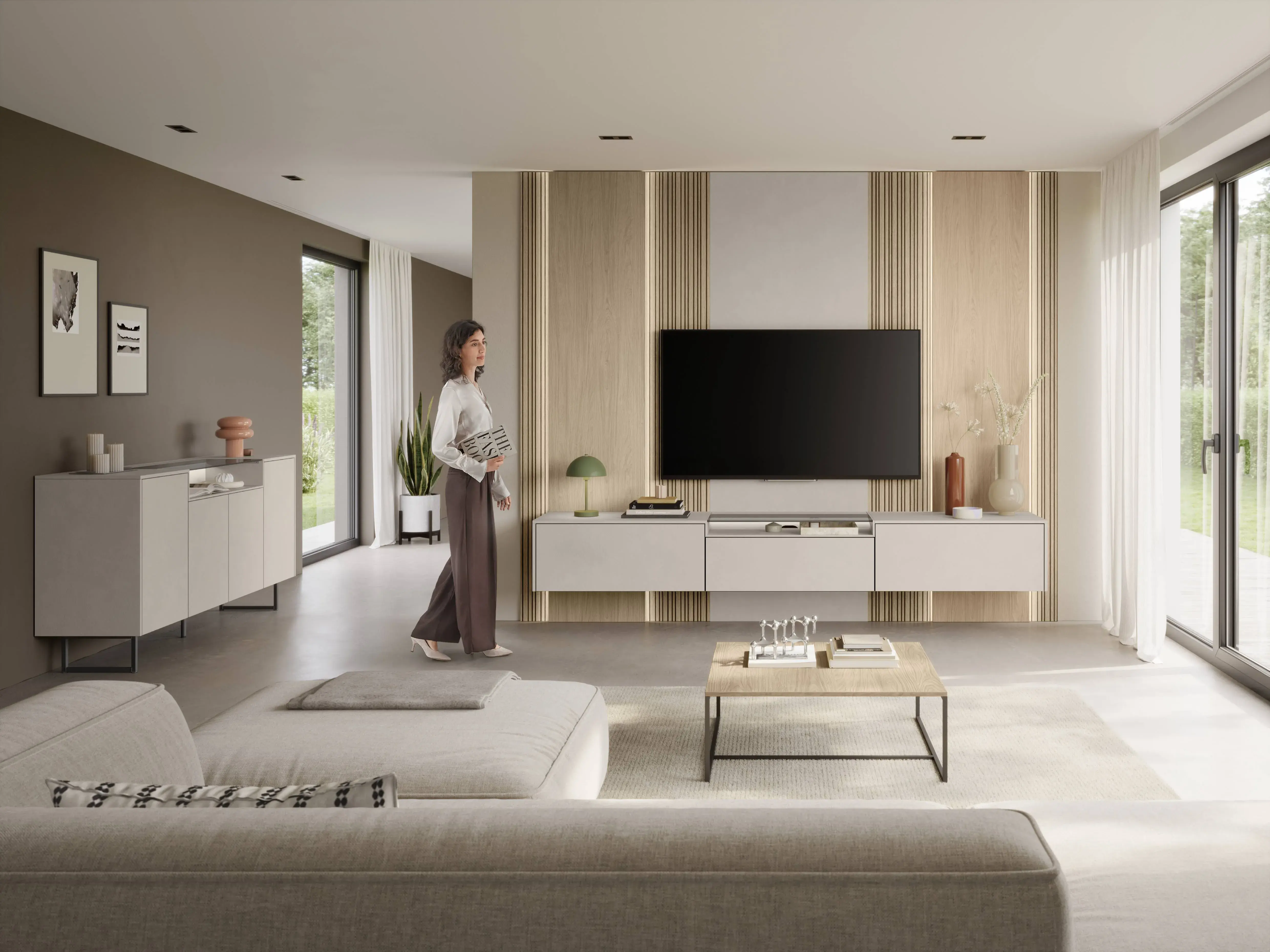 Modernes Wohnzimmer mit schwebendem TV-Lowboard, beleuchteter Holzlamellenwand, Sideboard und großen Fensterfronten